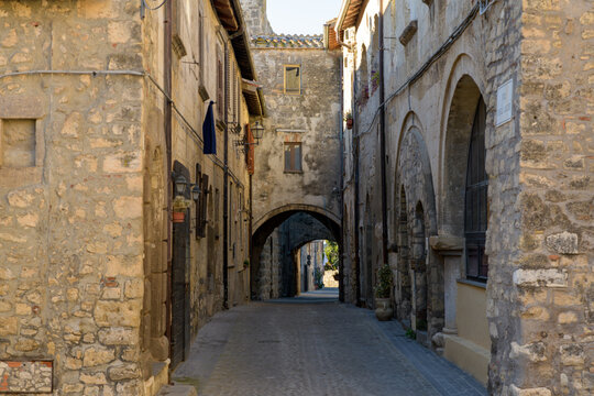 Tarquinia, old city steet view. Viterbo, Lazio, Italy.