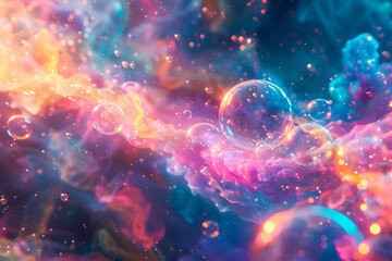 Fantastical blend of blue, pink, and yellow shades with glowing bubbles and light particles in a dreamlike environment. Perfect for themes of imagination, fantasy, and ethereal worlds. Generative Ai.