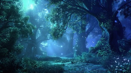 Fototapeta premium An ethereal forest background with Pantone colors of deep indigo and emerald green, illuminated by soft moonlight, creating a mystical atmosphere.