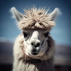 Fototapeta premium a close up of a llama s face with a brown mane . High quality