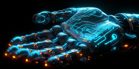 Obraz premium Futuristic Robotic Hand With Glowing Circuitry in a Sci-Fi Style