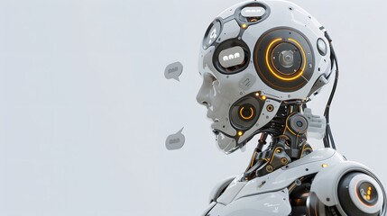 Fototapeta premium A futuristic robot with communication icons, representing advanced AI and machine communication capabilities.