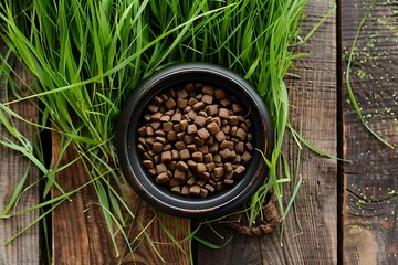 dog food in bowl on wooden background with dog collar and green grass top view flat lay