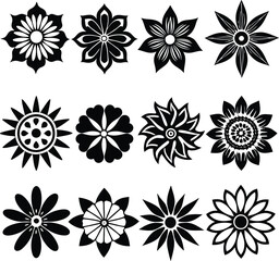 Set of  Black and White Flowers silhouette Design