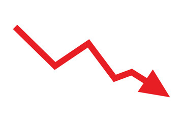Red arrow going down stock icon on white background. Bankruptcy, financial market crash icon for your web site design, logo, app, UI. graph chart down trend symbol.chart going down sign.