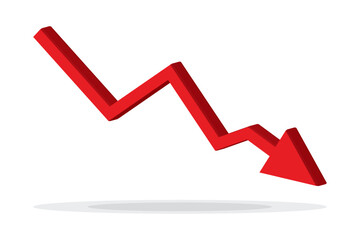 Red 3d arrow going down stock icon on white background. Bankruptcy, financial market crash icon for your web site design, logo, app, UI. graph chart downtrend symbol.chart going down sign.