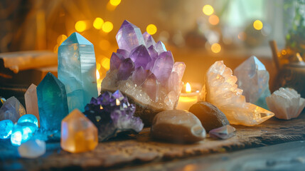 Colorful Healing Crystals with Candles and Bokeh Lights