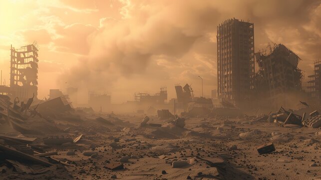 A desolate post-apocalyptic cityscape with ruined buildings and a dusty, orange-hued atmosphere, conveying a sense of destruction and abandonment.