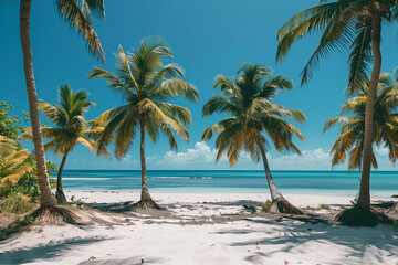 Obraz premium Palm trees swaying over a white sandy beach