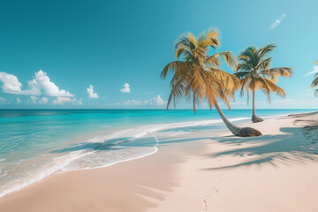 Palm trees swaying over a white sandy beach