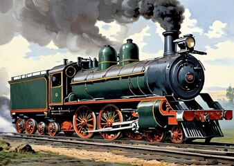 Obraz premium Vintage steam locomotive with green exterior emitting smoke as it travels on the railway track in daylight.