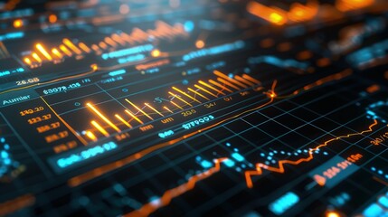 Obraz premium A close-up of a digital screen displaying financial growth statistics, with glowing lines and numbers that highlight profitability and efficient management.