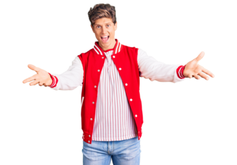 Young handsome man wearing baseball uniform smiling cheerful offering hands giving assistance and acceptance.