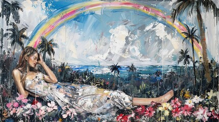   A painting of a lady in a white gown lounging amidst a sea of blossoms and a vibrant rainbow as the backdrop