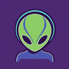 Abstract green alien face with headphones on a purple background, stylized digital art