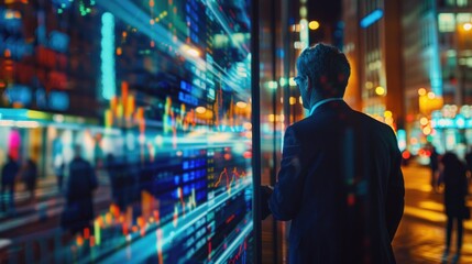 Naklejka premium A man in a suit is looking at a computer screen with a lot of numbers and graphs. He is focused on the data displayed