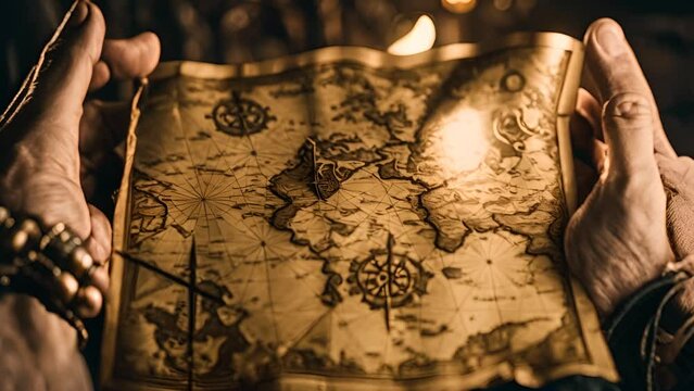 map of treasure island in the hands of a pirate 4k