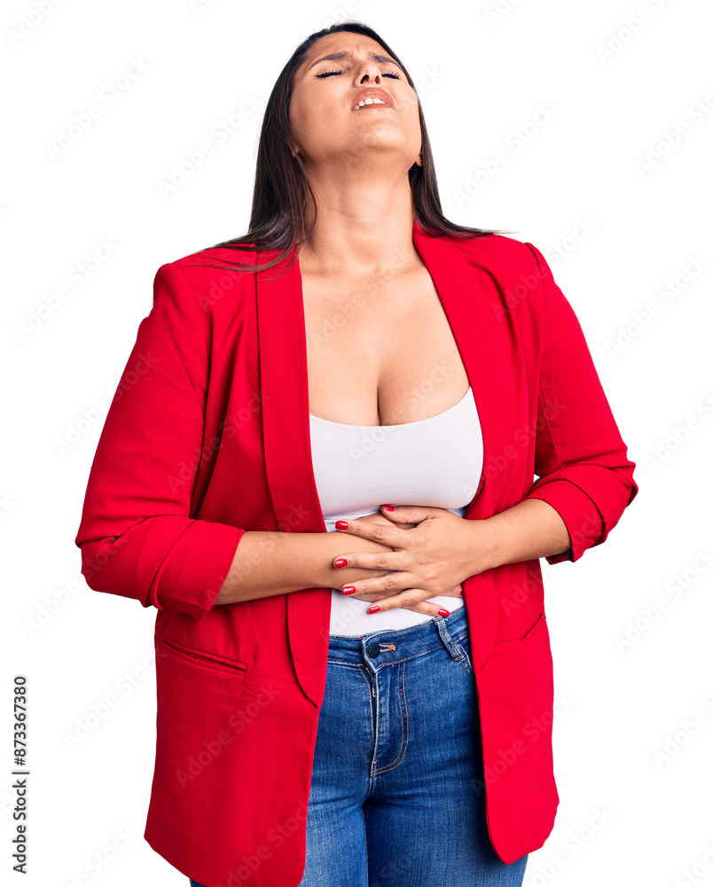 Sticker young beautiful brunette woman wearing elegant clothes with hand on stomach because nausea, painful 