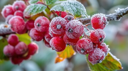 Close-up of a tree branch adorned with red berries and green leaves, covered in a delicate layer of frost, capturing the serene beauty of winter nature.