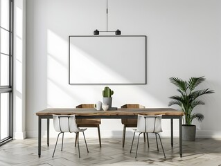 Minimalist Dining Room with Steel and Wood Table,Clean Minimalist Interior,Frame Mockup,3D Rendering