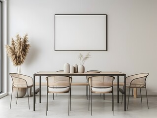Minimalist Dining Room with Steel and Wood Table,Clean Modern Interior Design Mockup