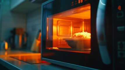 The glowing screen of a smart microwave shows a timer counting down as it heats up a meal for its hungry owner.