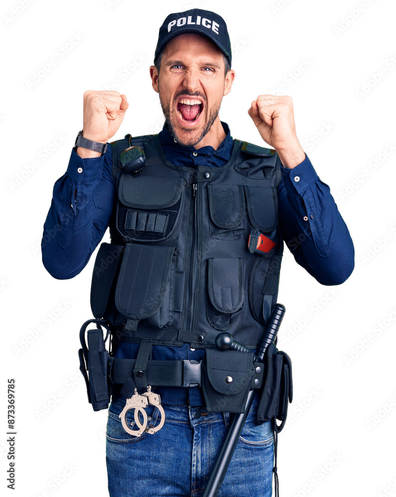 Sticker Young handsome man wearing police uniform angry and mad raising fists frustrated and furious while shouting with anger. rage and aggressive concept.