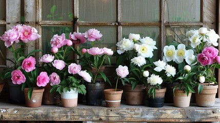   A row of potted flowers sits on top of a wooden window sill next to a wooden window sill