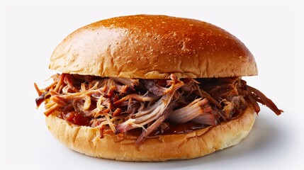 Close-up of a pulled pork sandwich, succulent slow-cooked pork layered between soft buns, against a plain white background, focus cover all object