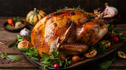 A beautifully roasted turkey with golden skin, set on a wooden table adorned with fresh herbs and vegetables, studio lighting