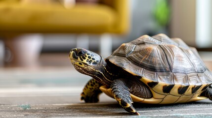 Obraz premium A turtle riding a robot vacuum, navigating through a modern living room with a curious expression, household items scattered creatively, focus cover all object, deep dept of field