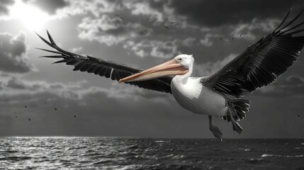   A monochrome image of a pelican soaring above a water body under a cloud-filled sky