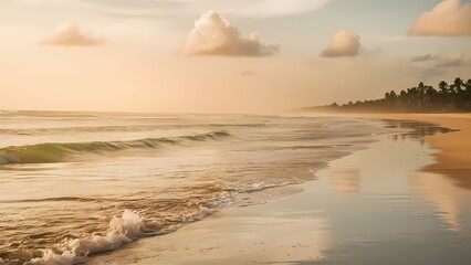 Obraz premium A background image of a peaceful beach at sunrise, with soft waves gently lapping at the shore, golden sunlight reflecting on the water, and a few fluffy clouds in the pastel-colored sky 