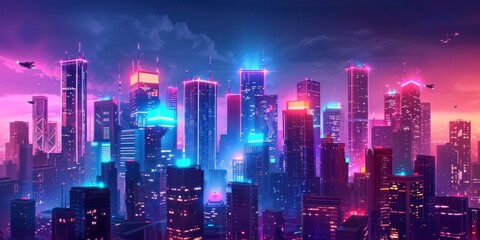 Fototapeta premium Futuristic Neon Skyline at Dusk with Vibrant Skyscrapers and Airborne Vehicles