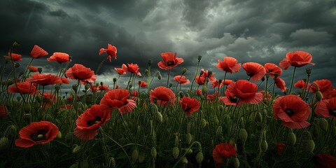 Obraz premium Red Poppy Field Under Dramatic Sky in Nature Landscape Composition