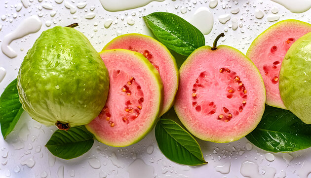 Creative food concept. Fresh a pile of close-up guava fruit, pink, fresh, organic.with glistening water droplets seamless. mock up.
