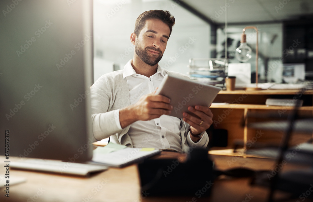 Poster computer, tablet and business man in office for planning, online news and website research. creative
