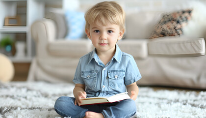 Cute little boy sitting on the carpet with book on blurred background