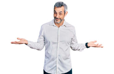 Middle age hispanic with grey hair wearing casual white shirt smiling showing both hands open palms, presenting and advertising comparison and balance