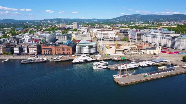 Oslo harbor at the Aker Brygge and Tjuvholmen neighbourhood aerial view in Oslo. Oslo is the capital of Norway.