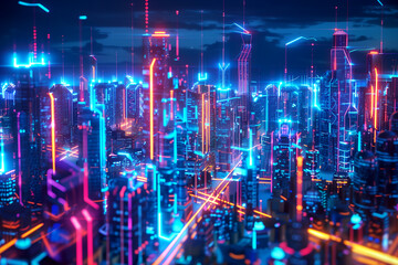 Aerial view of colorful digital city and glowing lighting digital interface. Science and artificial intelligence technology. Generative AI.