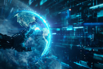 Hologram globe on digital displaying under futuristic neon lights.  Science and artificial intelligence technology. Generative AI.