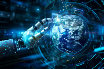 Robot hands touching hologram globe on a digital displaying under futuristic neon lights.  Science and artificial intelligence technology. Generative AI.