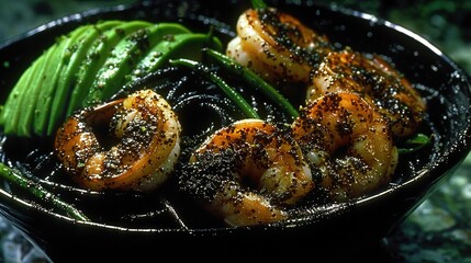 Fototapeta premium A skillet filled with shrimp, green beans, and seasoning on top of green bean sprinkled with salt