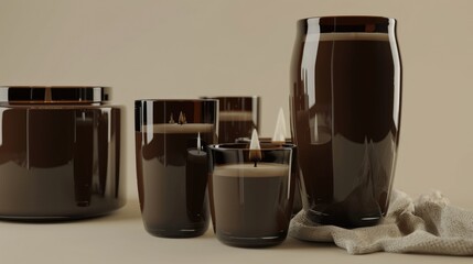 A collection of glass containers with candles inside, arranged in a row. The candles are lit, creating a warm and cozy atmosphere. The containers come in various shapes and sizes