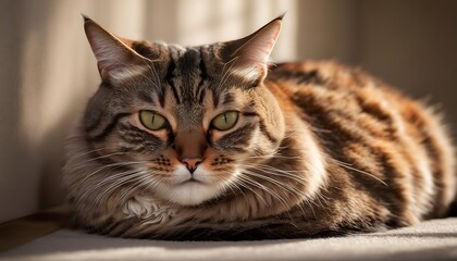 Close-Up of Resting Tabby Cat with Intense Yellow Eyes