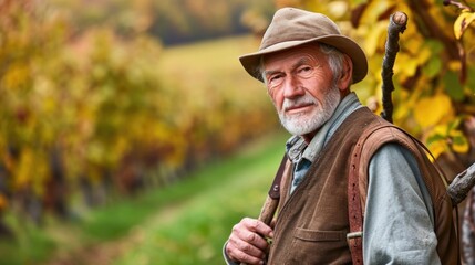 A man wearing a hat and vest is sitting in a field of grapes. He is smiling and he is enjoying the scenery