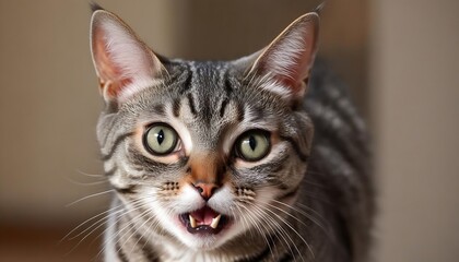 Close-Up Portrait of a Curious Tabby Cat With Striking Green Eyes