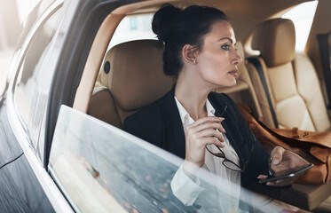 Corporate woman, car and travel to work in traffic for schedule, agenda and investment meeting....