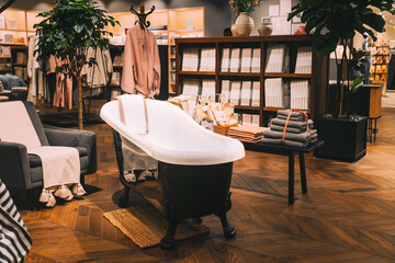 Home accessories and household products in store of shopping centre. View of home accessories for living room in shop fashion retail store. Sofa with pillows. View of assortment of decor for interior